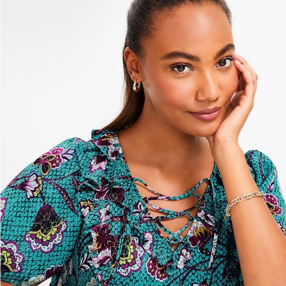 LOFT Botanical Lace Up Ruffle Top - Picture 2 of 6